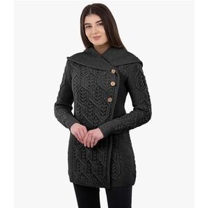 SAOL Ireland Women 100% Merino Wool Cable Knit Hooded Cardigan Charcoal Gray L